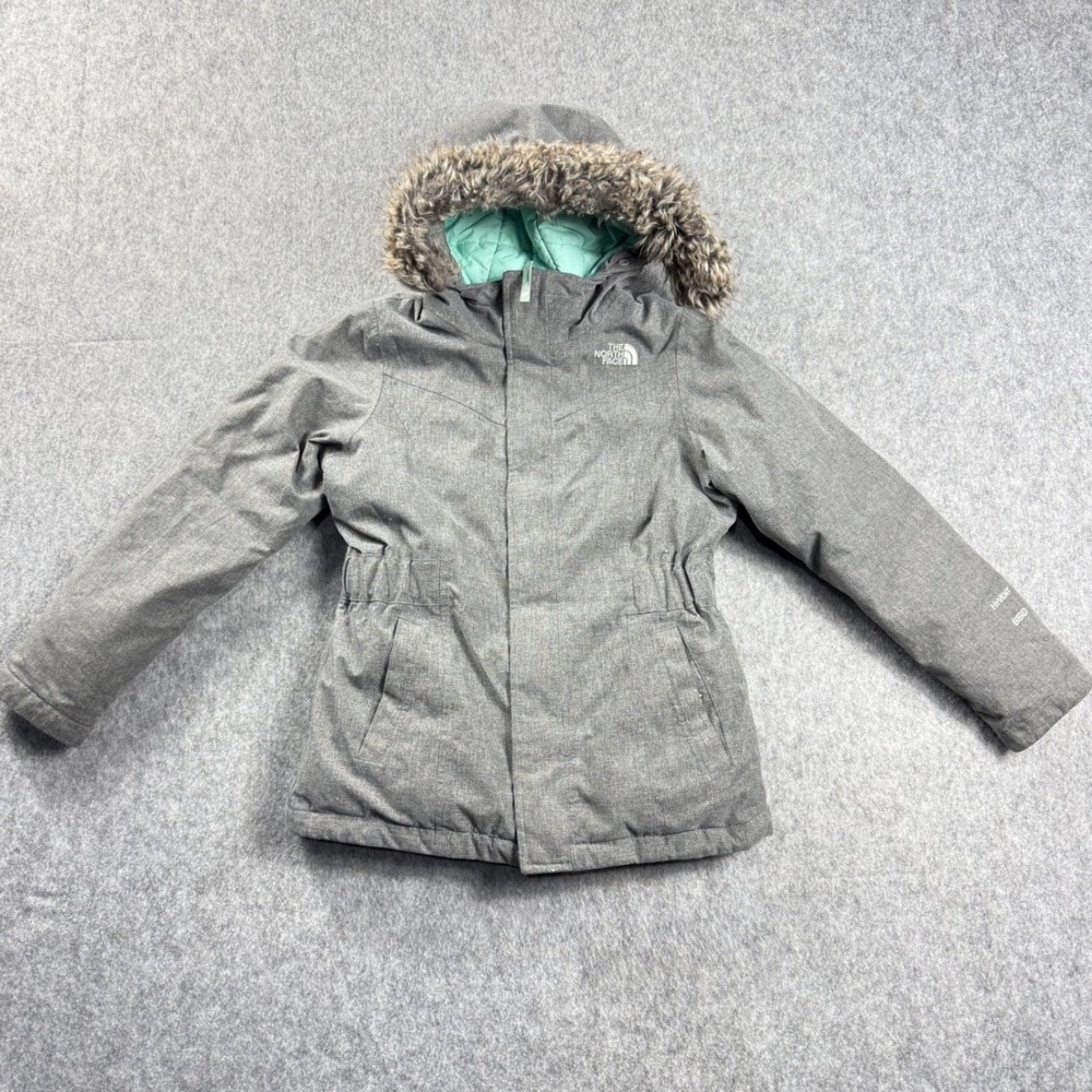 The North Face Girls 550 Size M Down DryVent Parka Jacket Faux Fur Hood Gray